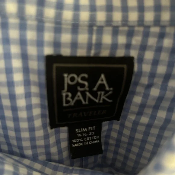 Jos A Bank men’s blue and white gingham slim dress shirt 15 1/2 33 100 cotton - Picture 2 of 3